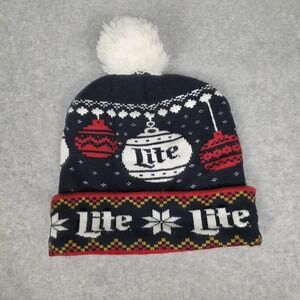 Miller Lite Hat Beanie Fitted‎ Mens One Size Navy Christmas Pom Cuff Knit